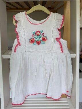 babycottons White Cotton Dress with Pink Trim and Floral Embroidery